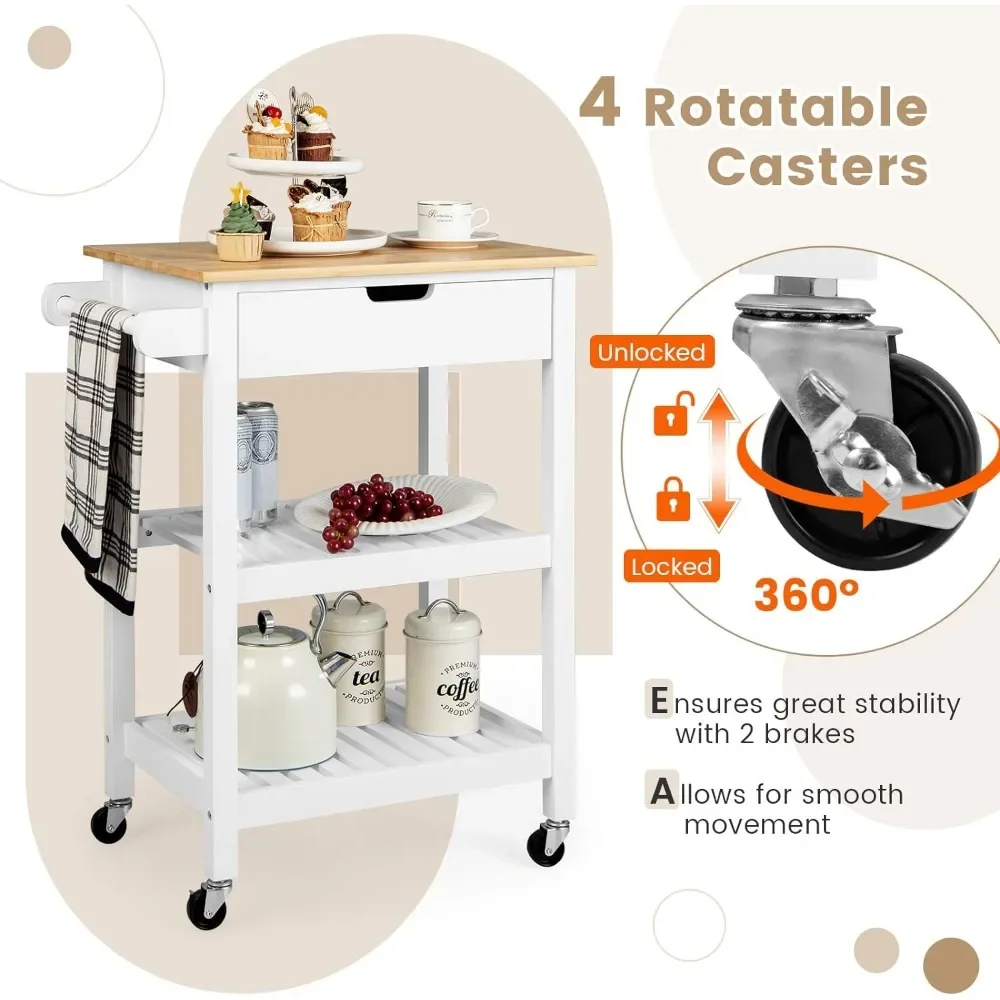 %a Giantex Kitchen Island Cart with Storage, Rolling Bamboo Kitchen Cart on Wheels, w/Pull-Out Drawer, Towel Handle, 2 Open She