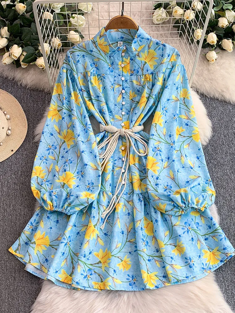 

Женское платье на лето и весну с цветочным принтом, на пуговицах, с пышными рукавами, осеннее, винтажное, с поясом-шнурком, А-силуэт, короткое, DS327