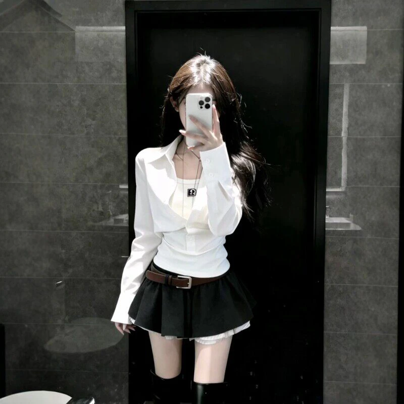 

Slim Fit Long Sleeve White Shirt And Skirt Two Piece Set for Women Spring Season Fashionable Turn down Collar Slimming Outfit