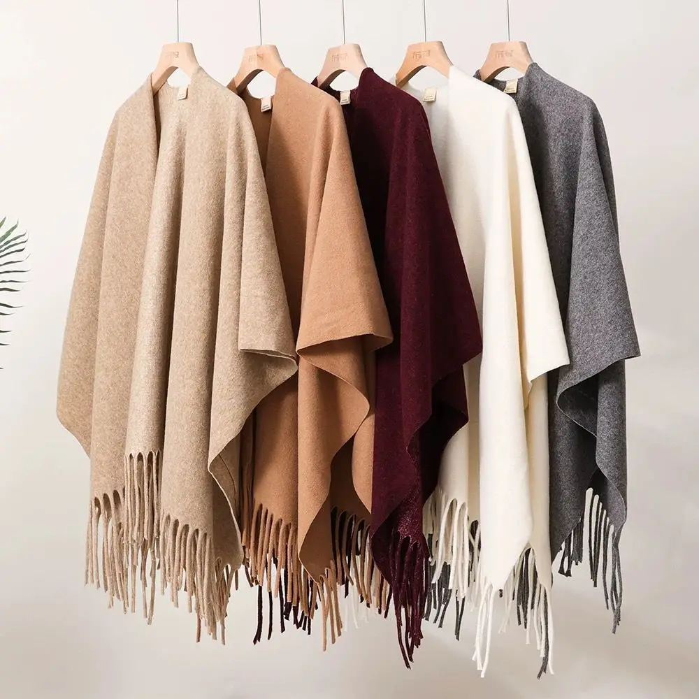 

Solid Cashmere Fringe Shawl - Women's Elegant Winter Cape, Vintage Warm Wrap, Versatile Travel Poncho for Fall