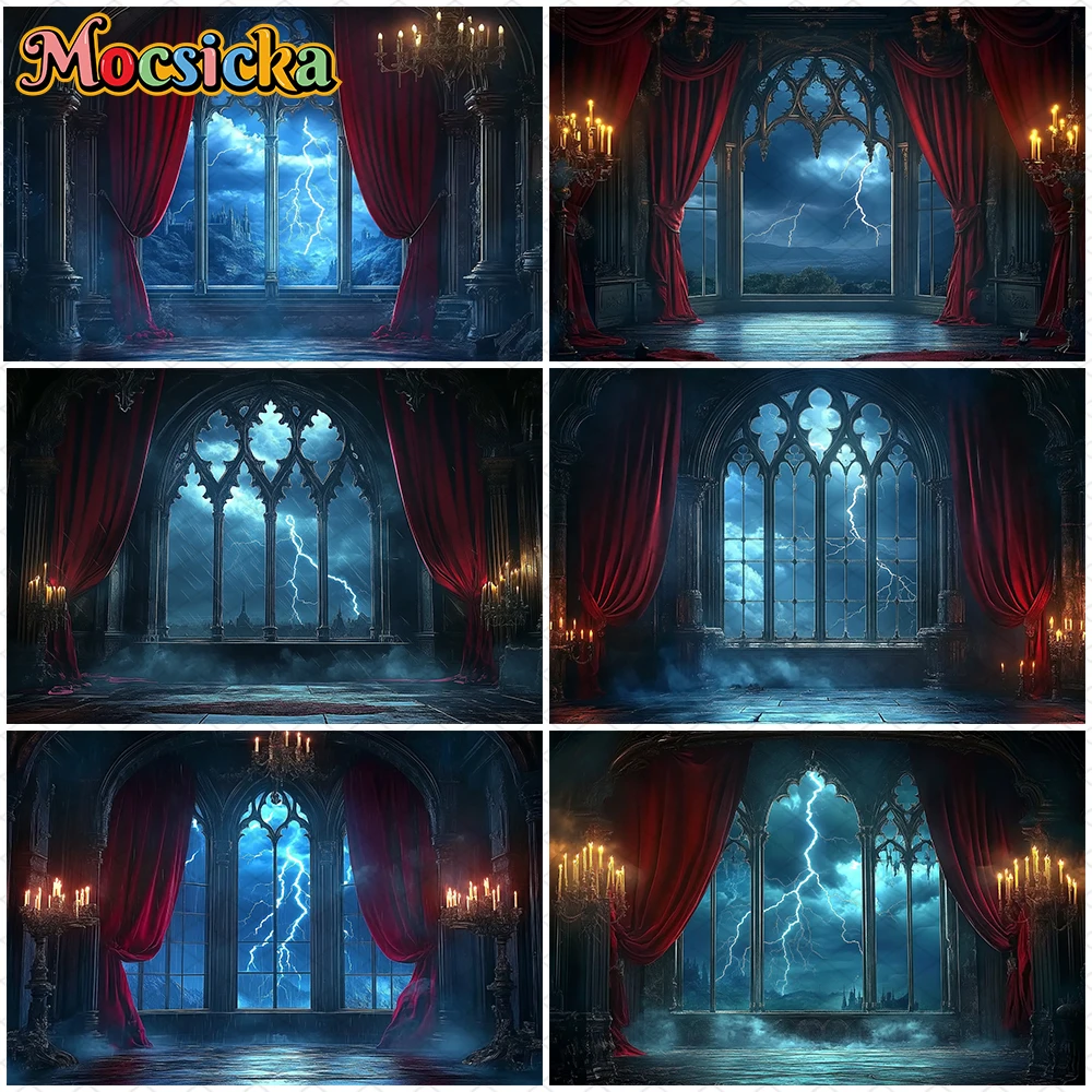 

Mocsicka Halloween Background Night Terrible Lightning Ancient Castle Home Indoor Decorations Kid Portrait Photo Backdrop Banner