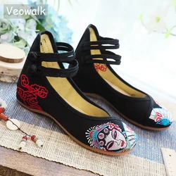 Veowalk Beijing Opera Embroidered Women Cotton Fabric Ballet Flats Ankle Strap Elegant Ladies Casual Soft Canvas Flat Shoes