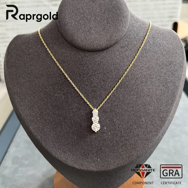 

RAPRGOLD Колье с подвеской из муассанита в форме круга, с тремя камнями, разных размеров, для женщин, цепочка, подарок для подруги, ювелирное украшение на шею с сертификатом GRA