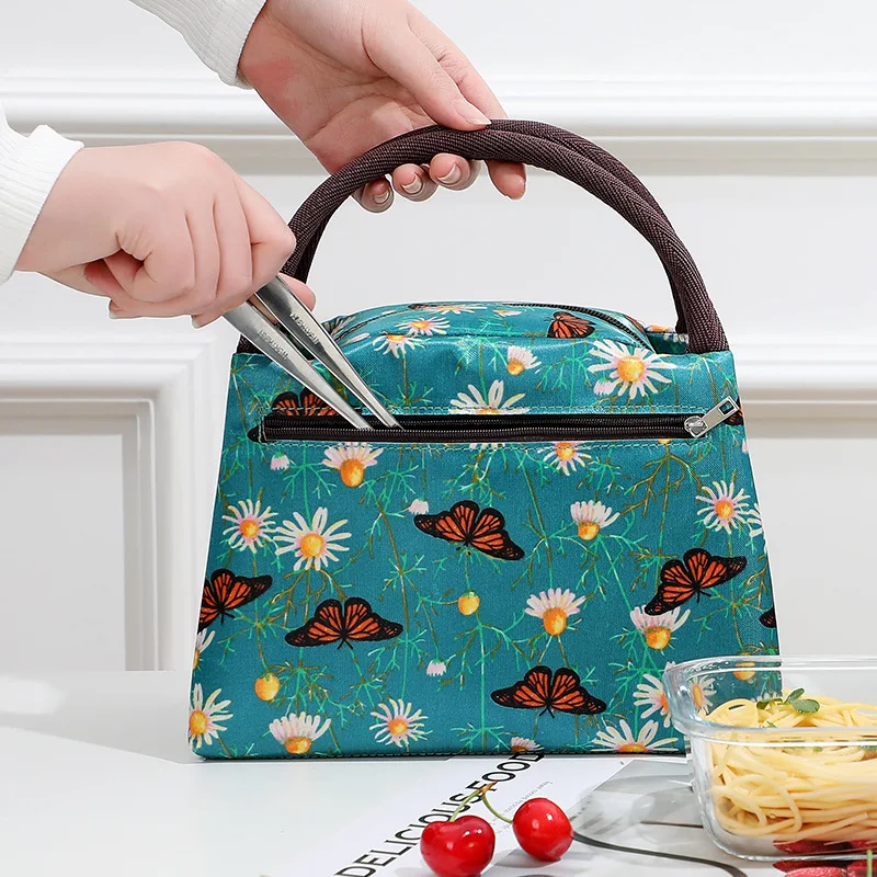 Oxford Cloth Insulated Lunch Bag with Flower Pattern Picnic Travel Breakfast Box Women Convenient Large Capacity Handbag