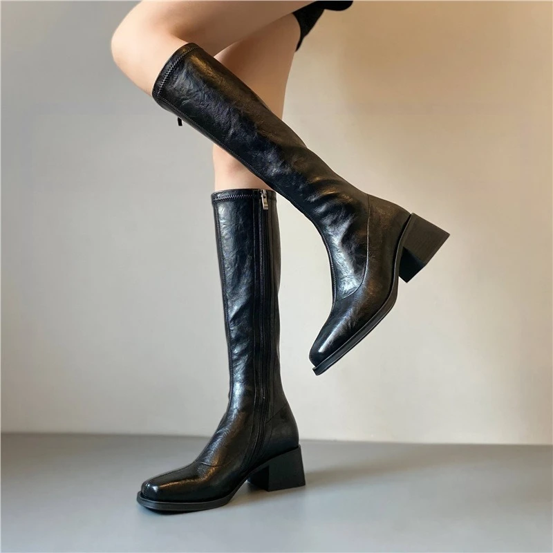 Fashion Women's Shoes Exquisite Soft Leather Knight Boots for Woman Retro Britain Knee High Boots Designer Shoes Botas Feminina 3
