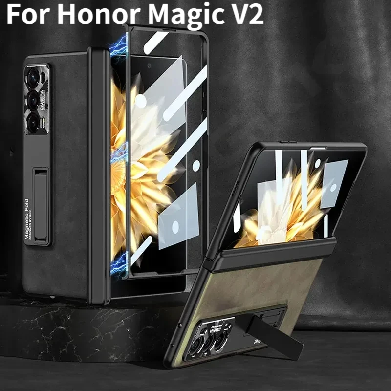 

For Honor MagicV2 luxury leather anti-peep film protective cover magnetic hinged 360 degree full cover bracket hard shell