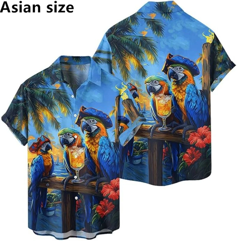New Men's Shirts Parrot 3d Print Shirts Men Fashion Hawaiian Beach Shirt Beach Blouses Short Sleeve Unisex Vacation Lapel Shirt