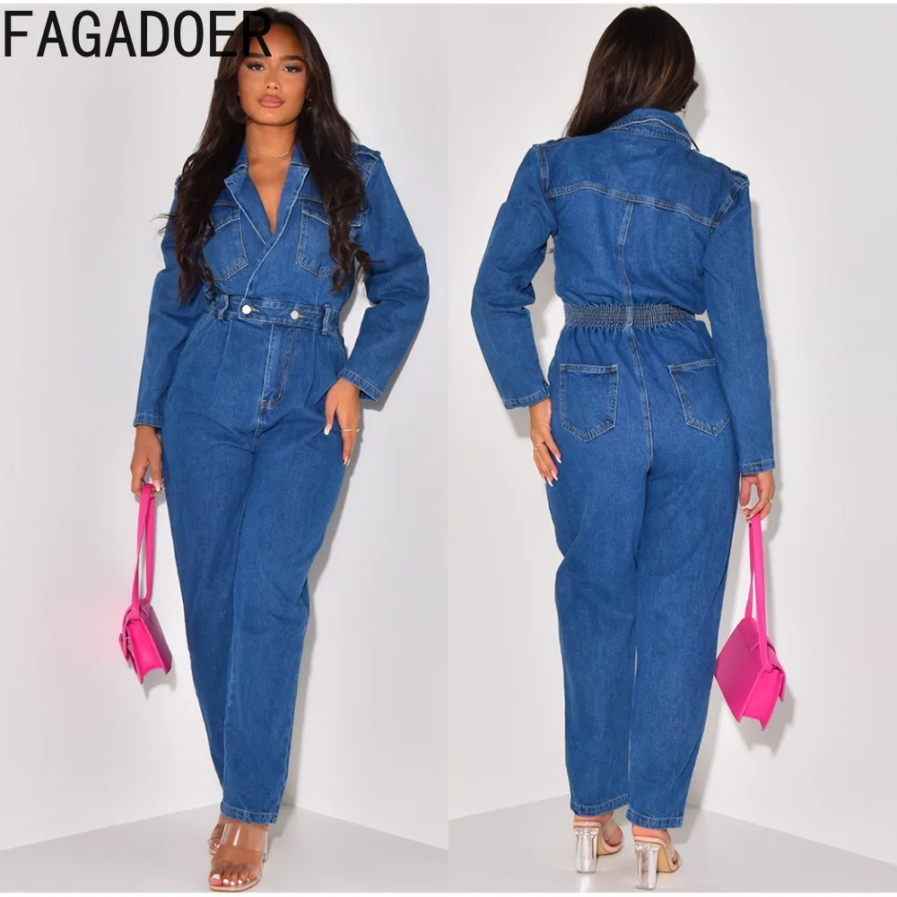 

FAGADOER Retro Blue Fashion Denim Jumpsuits Women Turndown Collar Long Sleeve Slim Playsuits Female Solid Color Sporty Overalls