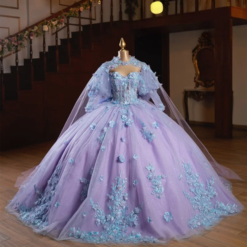 

Shiny Purple Quinceanera Dress off-shoulder Lace glitter decal 3D flower long sleeves vestidos de 15 Quinceanera ﻿Customize
