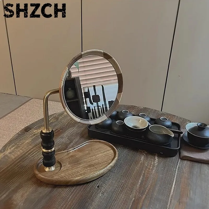 Retro Wooden Brass Vanity Mirror Rotating Desktop Makeup Mirror with Tray
