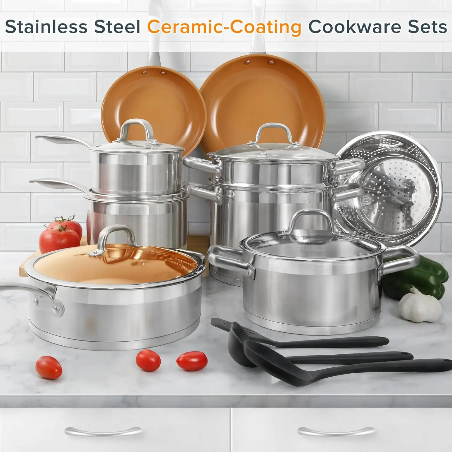 17PC Professional Stainless Steel Induction Cookware Set, Stainless Steel Ceramic Nonstick Pan Set, Impact-bonded Technology