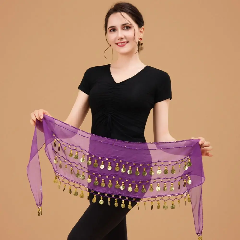 Sciarpa dell'anca di danza del ventre con monete color oro Sciarpa dell'anca regolabile a tre strati Avvolgente Cintura da ballo comoda e facile da indossare