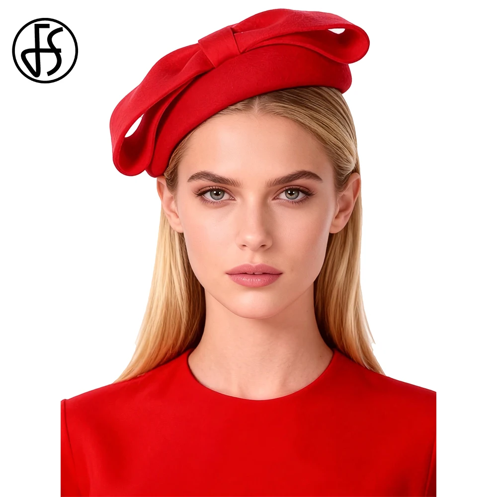 FS Pink Red Bowknot Fascinators Hat Wool Pillbox Hats For Women Spring Vintage Beret Cap Luxury Wedding Bride Cap Chapeau Femme