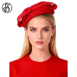 FS Pink Red Bowknot Fascinators Hat Wool Pillbox Hats For Women Spring Vintage Beret Cap Luxury Wedding Bride Cap Chapeau Femme