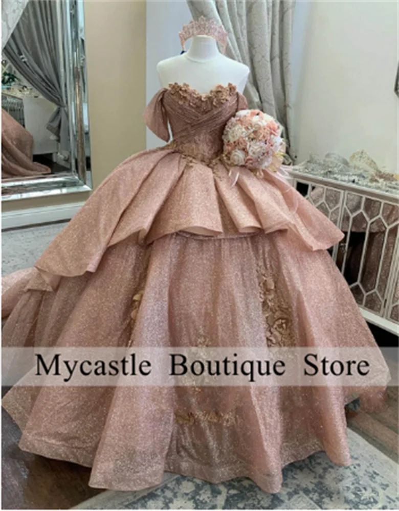 Vestido para quinceañeras con hombros descubiertos y flores en 3D de oro rosa, vestido de fiesta de princesa con volantes, vestido dulce 16, con cordones personalizado, 2025