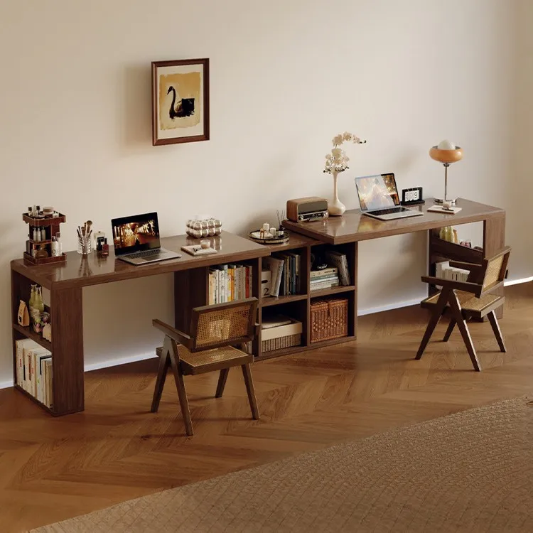 

Solid wood double desk adult home study desk bedroom long table storage cabinet integrated retractable computer desk