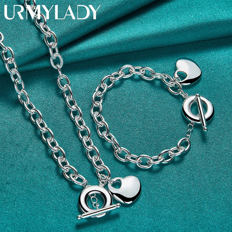 URMYLADY 925 Sterling Silver Love Heart Pendant Bracelet Necklace Jewelry Set For Women Wedding Party Fashion Charm Gift