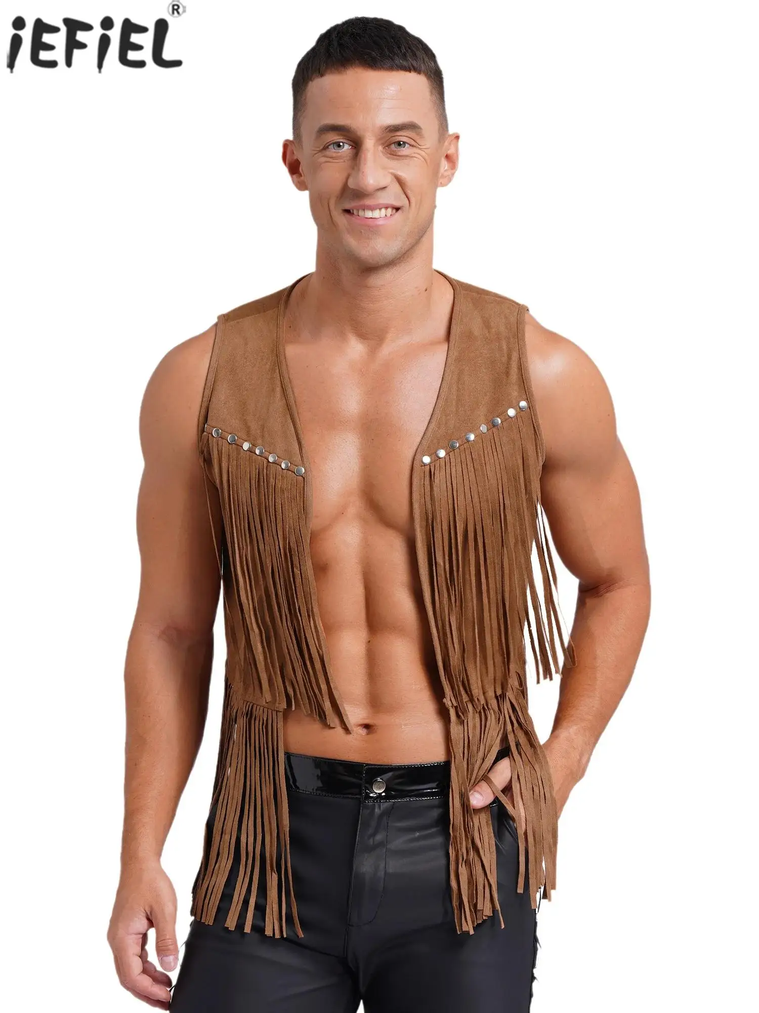 

Men Halloween Theme Party Western Cowboy Cosplay Costume Hippy Gothic Steampunk Vest Vintage Fringe Suede Cardigan Waistcoat Top