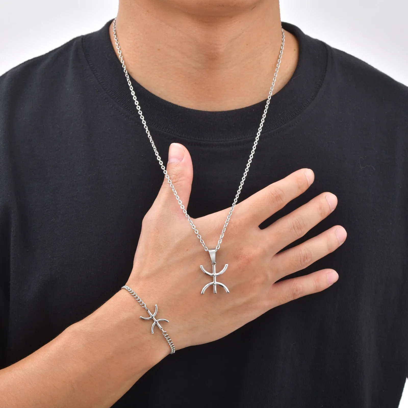 Vnox Amazigh Berber Symbol Bracelet Necklace Set Stainless Steel Silver Color African Tuareg Tifinagh Jewelry for Men Women Gift
