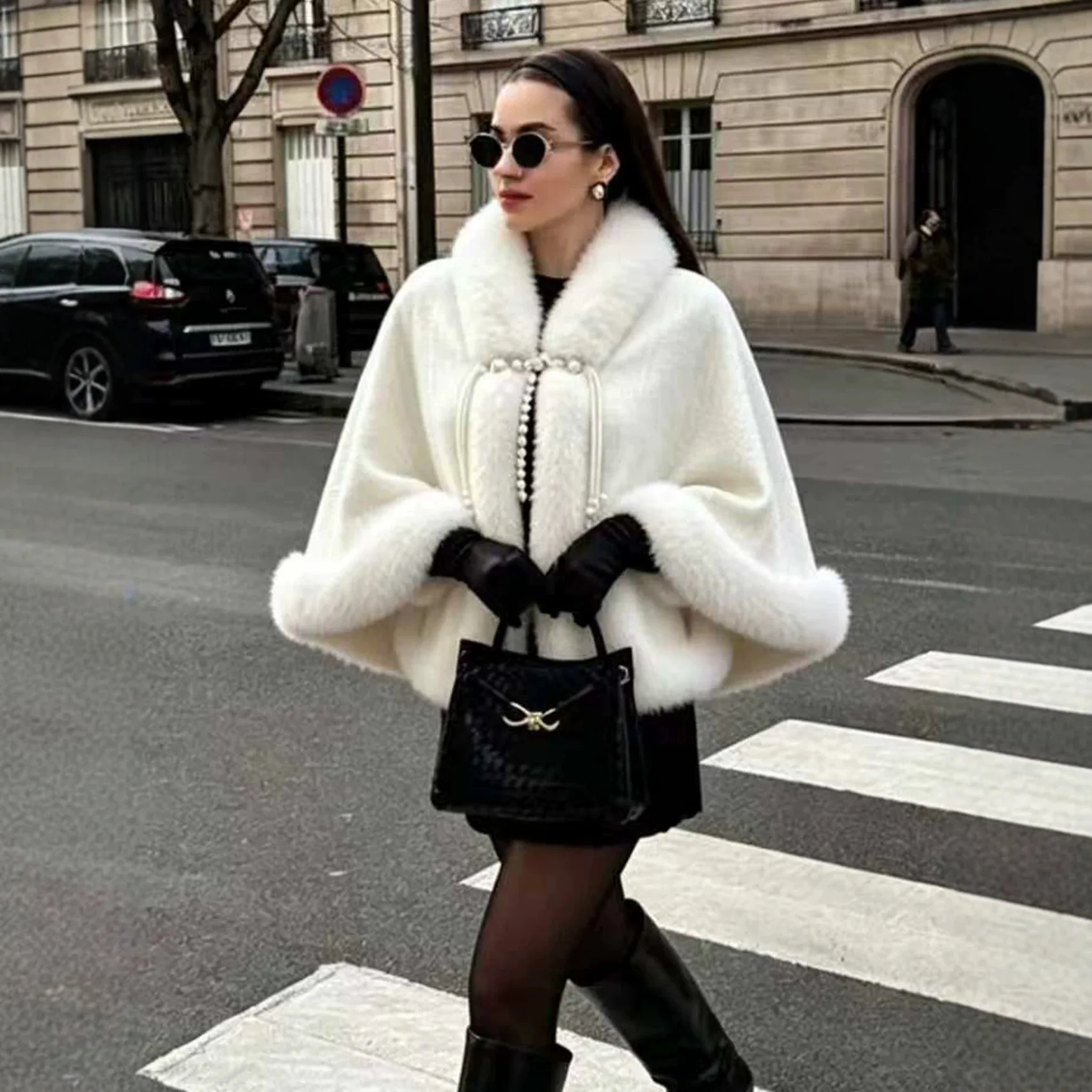 Women's Faux Mink Shawl Coat Thickened Autumn Winter Warm Elegant Style Polyester Fiber Outerwear Water-Resistant Flag Dress