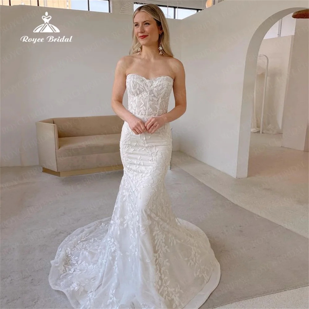 

Gorgeous Mermaid Wedding Dress Strapless Lace Applique Sleeveless Civil Bride Gowns Backless Formal Occasion For Women Bride