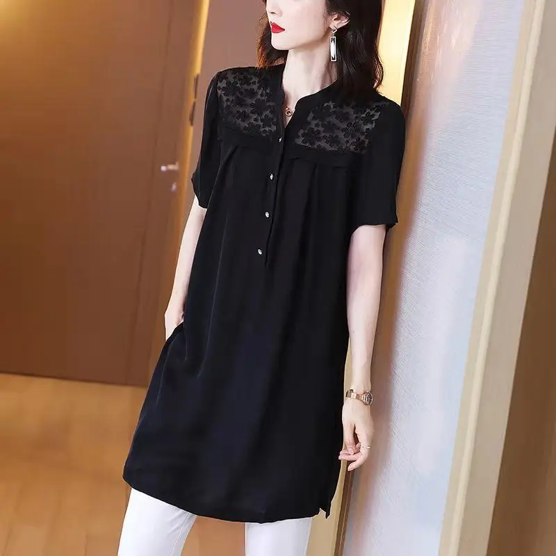 Female Casual Solid Color Blouse 2023 Summer Fashion Lace Spliced Commute Half Open Collar Button Loose Short Sleeve Midi Shirt