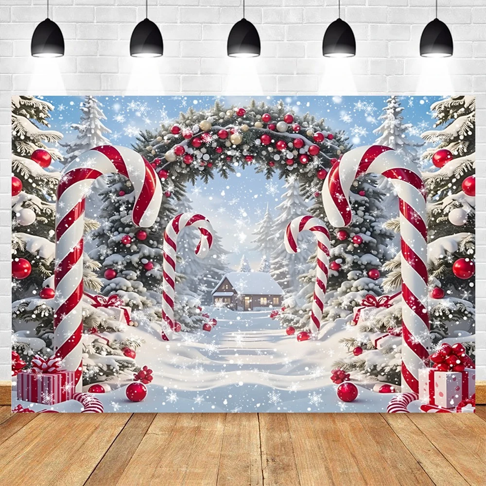 Christmas Cane Candy Photography Backdrop Winter Snow Scene Xmas Tree Kids Portrait Photo Background New Year Eve Party Decor