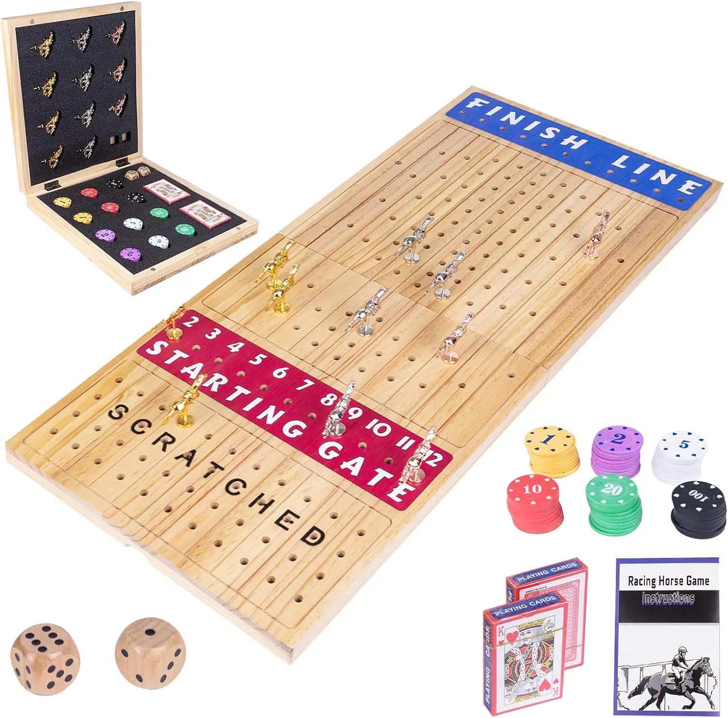 Jogo de tabuleiro dobrável de corrida de cavalos de 28' para adultos, tabuleiro de xadrez de madeira com 11 cavalos de metal, chips, dados, cartas – tampo de mesa clássico ga