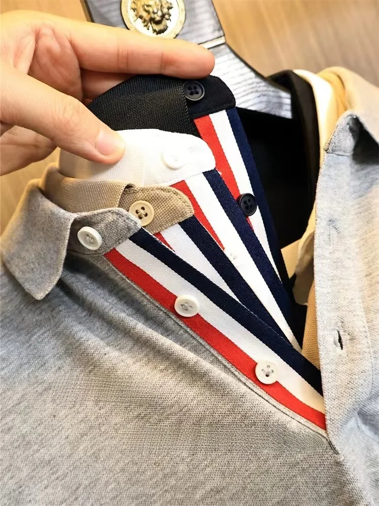 

High-End Summer Breathable Comfortable Men's Busin irt Stand Fit ort Sve Flip Collar Plain Color Faion