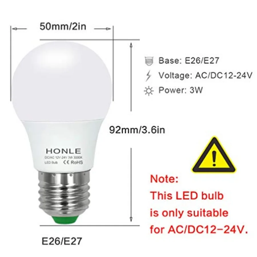 E26 12-24V AC/DC LED Light Bulbs 3W Low Voltage Warm White 3000K E27 Edison Standard Screw Base 25W Equivalent for Rv, Off Grid