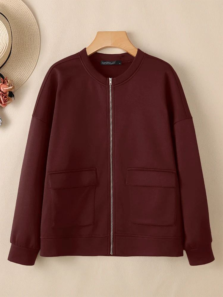 ZANZEA, chaquetas Vintage para mujer, abrigos, cárdigan de otoño, blusas de manga larga, Tops lisos con cremallera, prendas de vestir finas informales con cuello redondo para primavera 2026