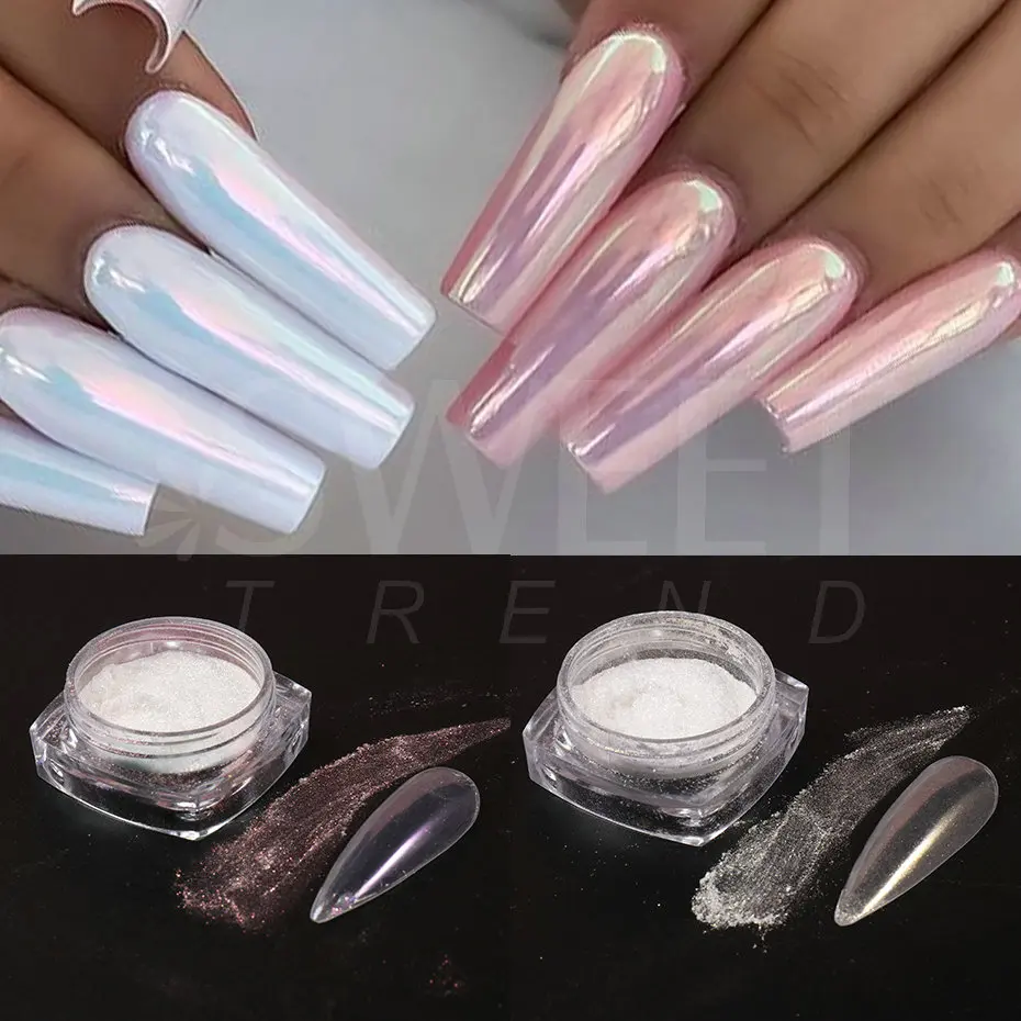 White Pearl Mirror Moonlight Nail Powder Chrome Pigment Rubbing on Nail Glitter Mermaid Aurora Dust Manicure Decoration M38016