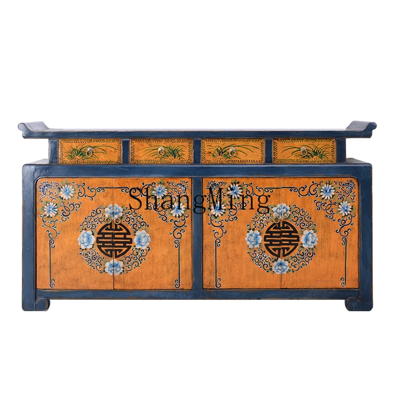 

CL Chinese antique classic warped head solid wood dining side locker living room color paint Xuanguan table retro old furniture