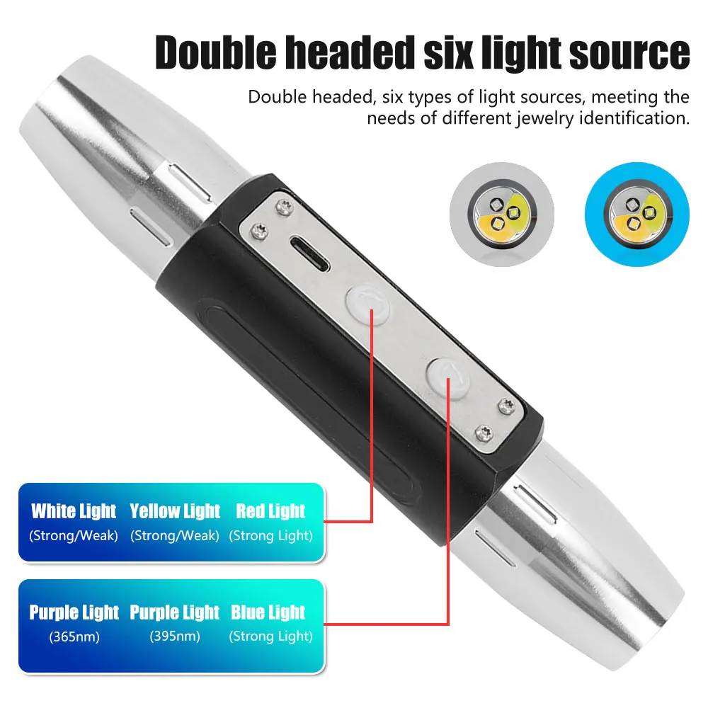 Экспертный нефритовый идентификационный фонарик 6 светодиодов белый / желтый / красный / синий / 365 нм / 395 нм ультрафиолетовый факел драгоценные камни ювелирные изделия янтарный детектор с батареей