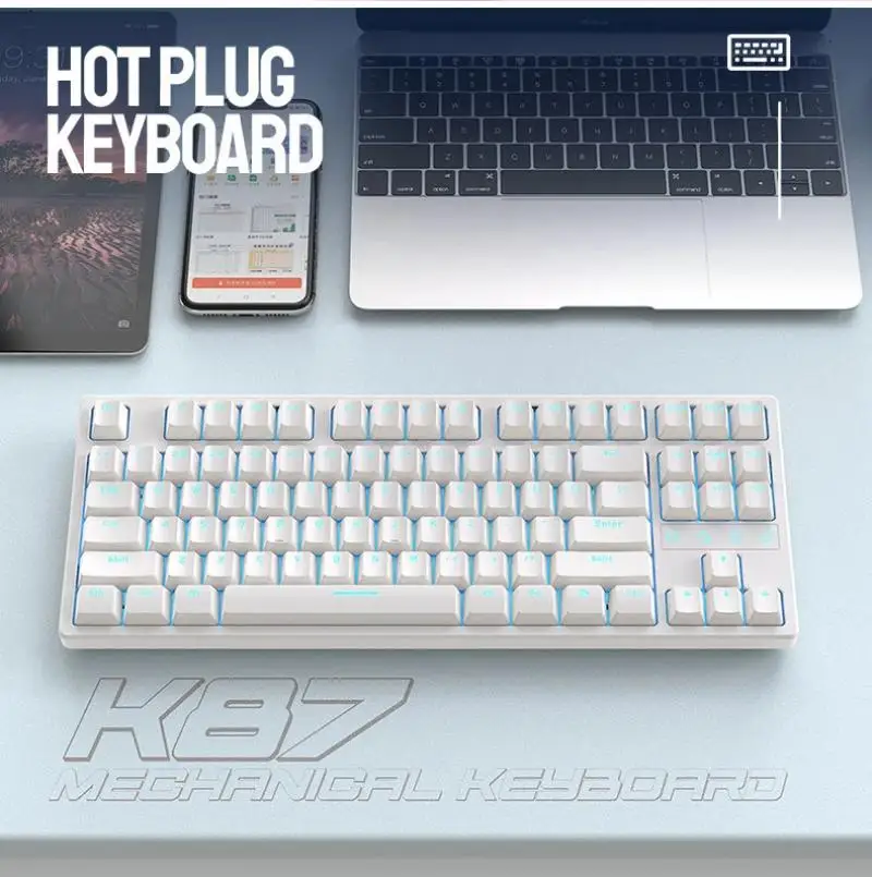 Imagem -06 - Ziyoulang-tipo-c com Fio Gaming Teclado Mecânico 87 Teclas Branco Gelo Azul Backlighting Teclados Personalizados Hot-swap