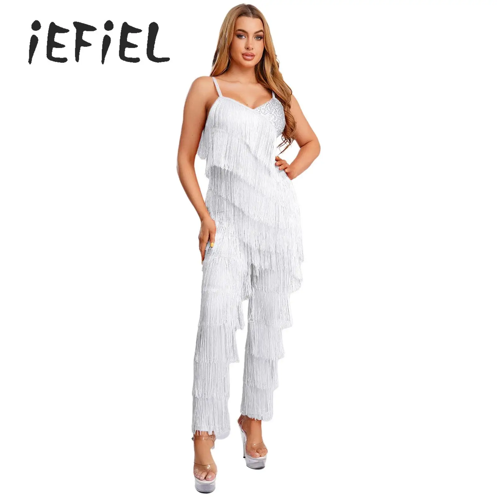 

Womens Tassel Latin Dance Leotard Bodysuit Costume Elegant 70s Disco Shiny Sequin Fringe Long Pants Rumba Cha-cha Jumpsuit
