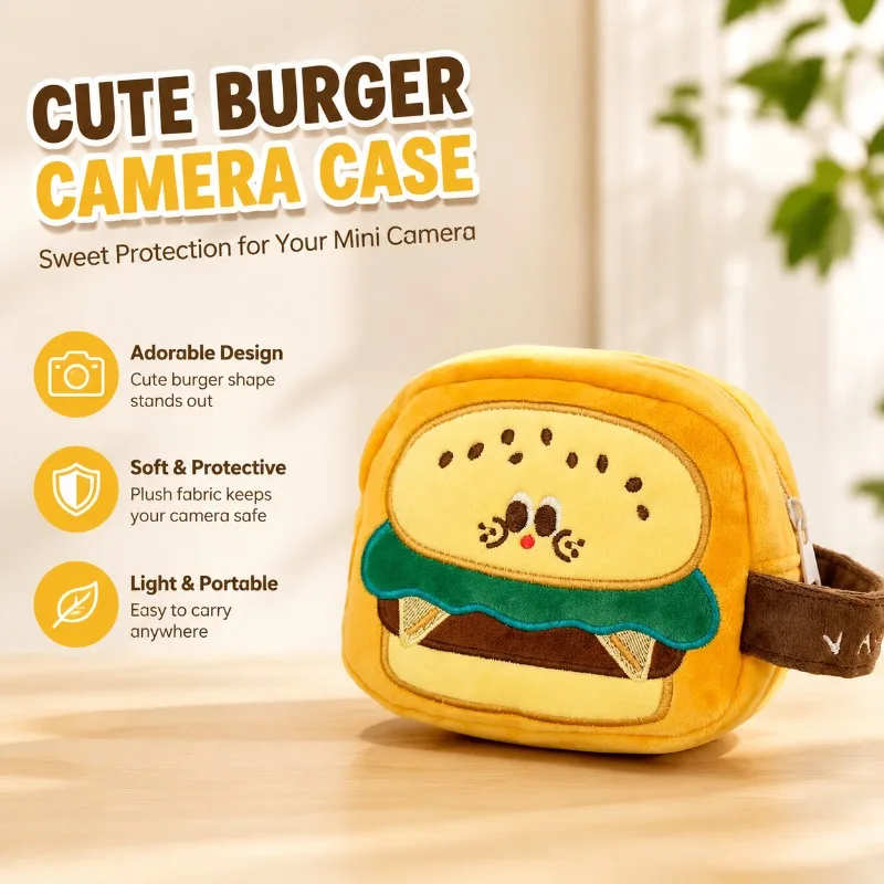 Cute Cartoon Hamburger Plush Camera Storage Bag Portable Soft Protective Cover Fit CCD Digital Cameras Instant Polaroid Cameras