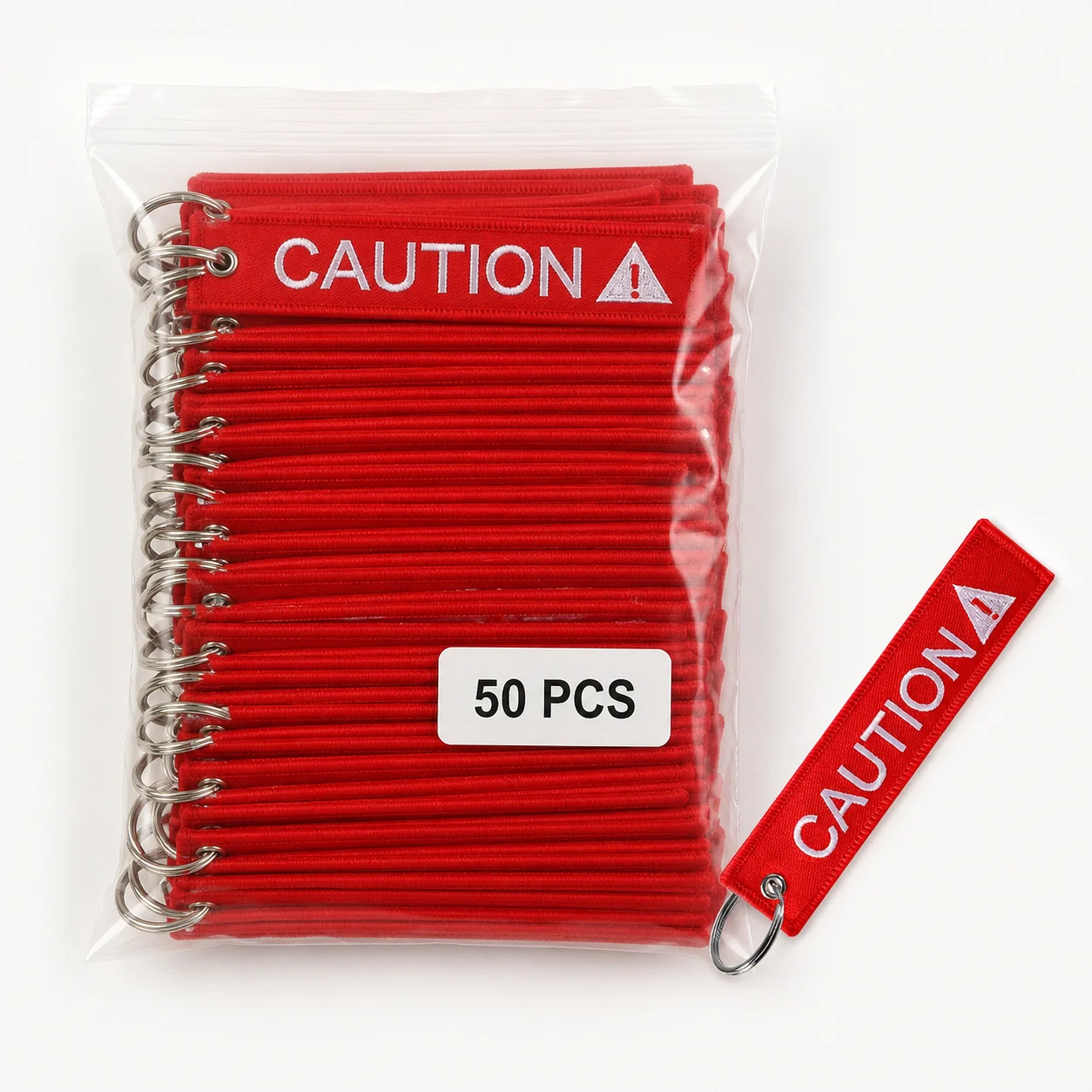 GEKTIMER 50 Pack Red CAUTION Embroidered Keychain Tags, Fabric Luggage Zipper Pulls with Split Rings for Bags, Keys & Travel