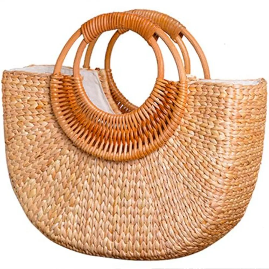 

QZUnique Hand-woven Straw Bag Women Summer Beach Handbag Purse Retro Rattan Tote Clutch Travel Bag with Wood Round Top Handle