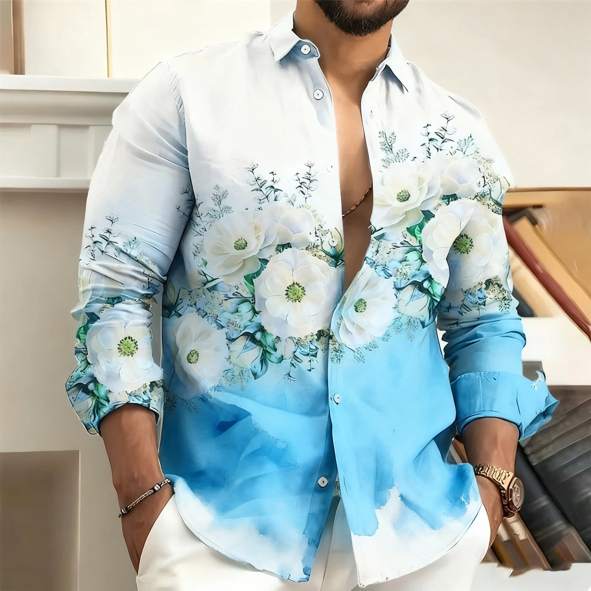 2026 New Men's Long-Sleeved Shirt, 3D Printed Pattern, Long Sleeves and Stand Collar, Stylish and Casual, Fast Shipping