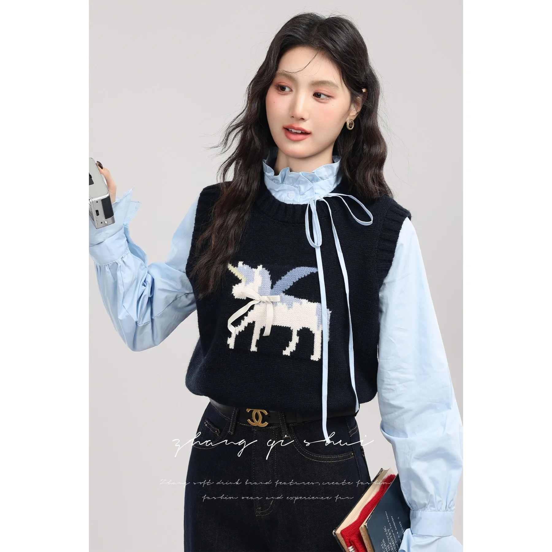 

Loose Long Sve Knitted Blue irt Women's Inner Wear Top And Vest Two-Piece Set Comfortable Breathable Commute Sle Faion