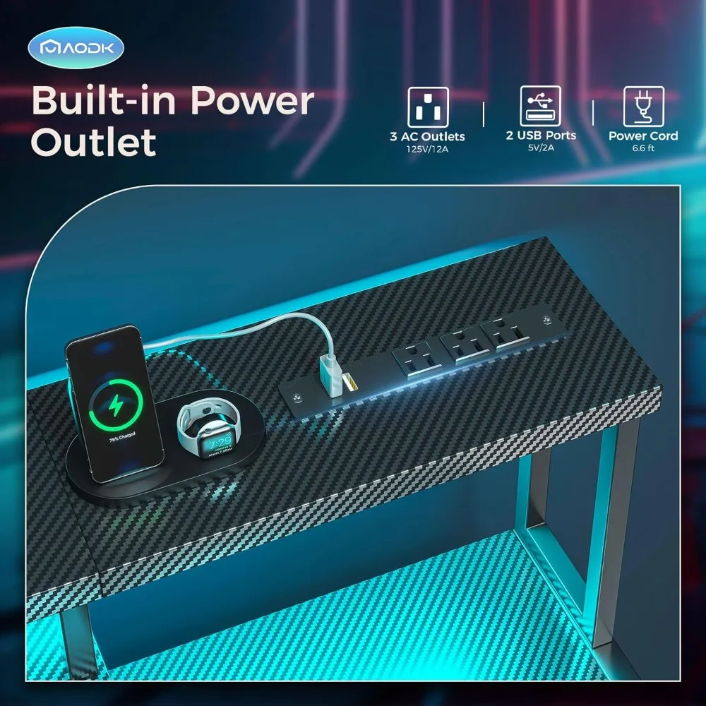 Computer Desk, 48 Inch Gaming Desk with Led Lights & Power Outlet, Office Desk with Printer Storage Shelves, Reversible Desk