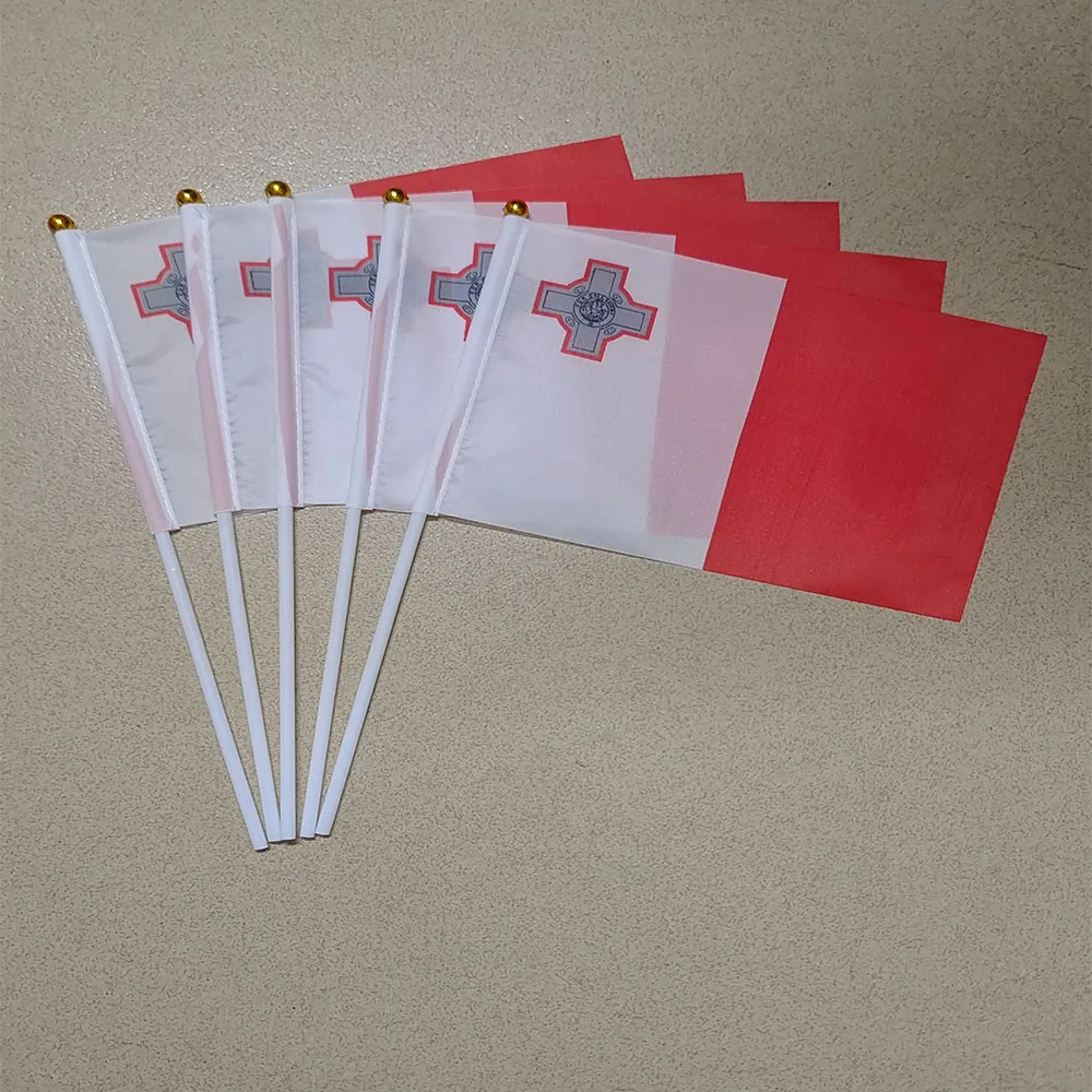 KAFNIK 5pcs Malta Hand Waving Flag 14*21cm Polyester  Malta Hand Flag With Plastic Flagpole