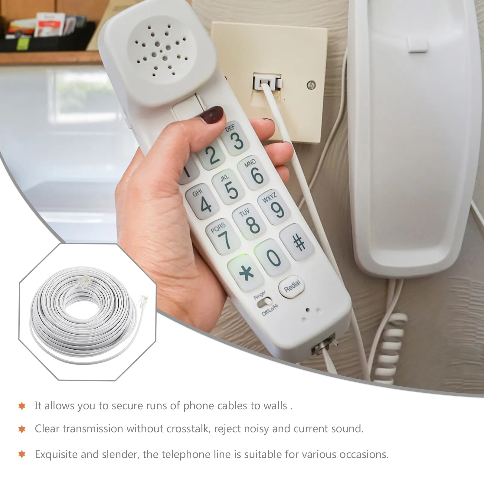 Telephone Extension Cord Rj11 4-Core Extended Length Cable For Landline Phone Fax Machine Modem Home Office Use Telephone