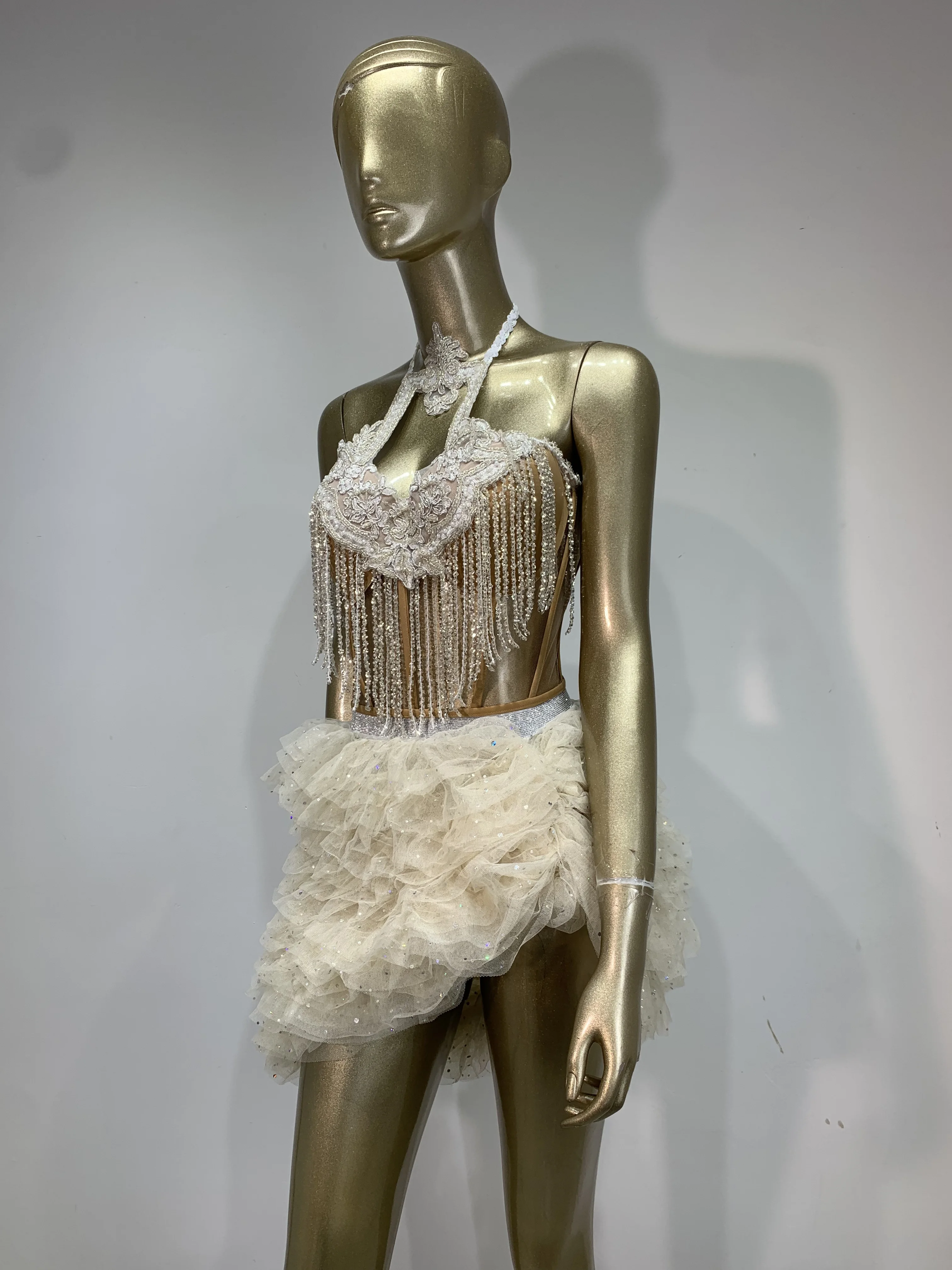 Sparkly Tassel Sexy Backless Two Pieces Set 2025 Women Evening Prom Celebrate Birthday Party Dress PerformanceStage Outfit