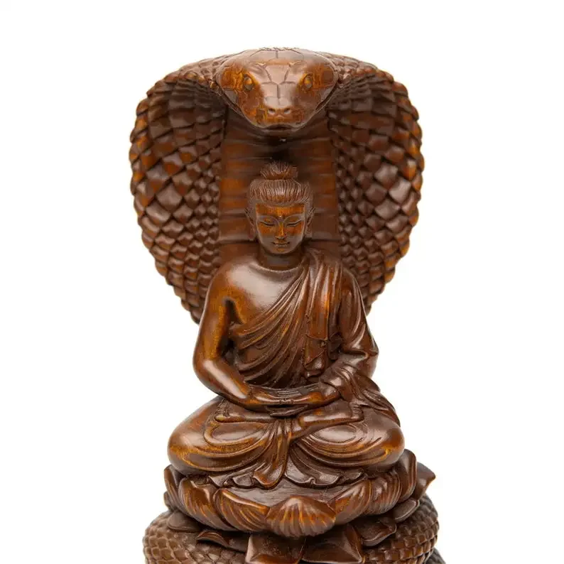 Vintage Serpent Buddha Statue, Huangyang (Boxwood), Wooden Carving, Antique Style Buddha Sculpture