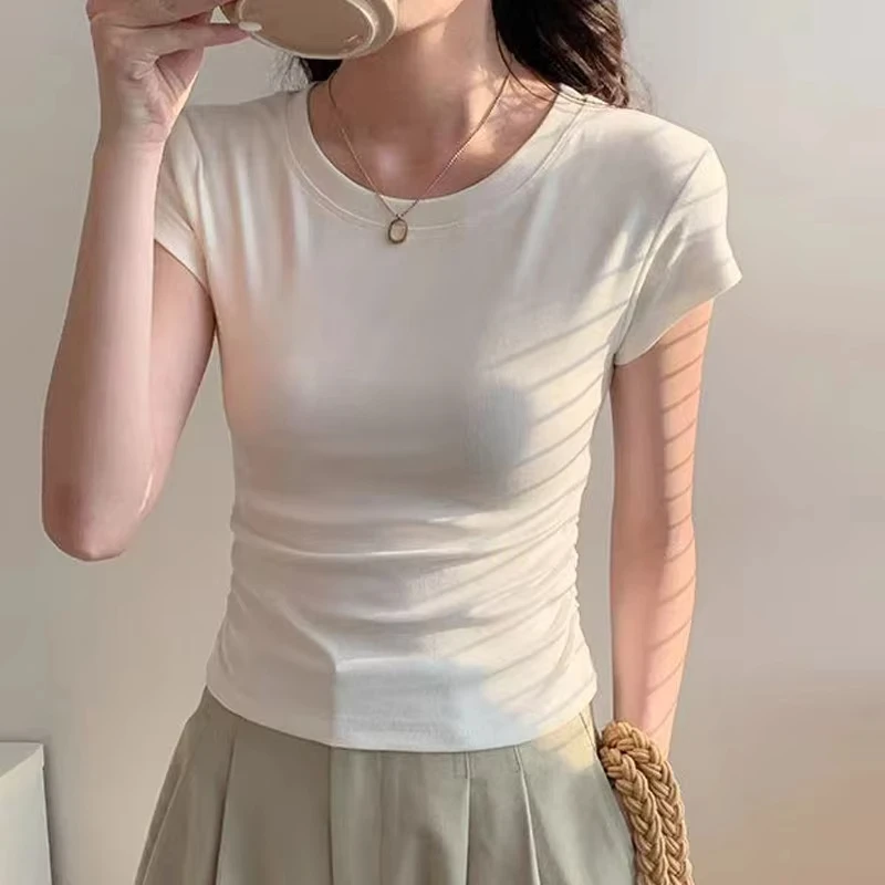 Sommer 100% Baumwolle O Neck Sexy T Shirt Frauen Mode Einfarbig Weiß Kurzarm Tops Beiläufige Dünne Dünne Pullover Straße