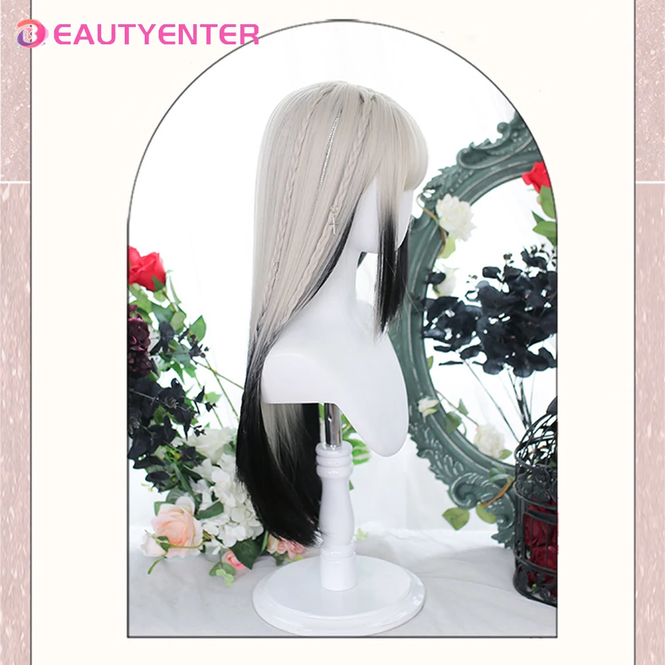 BEAUTYENTERWomen Sintético Lolita Wig Long Straight Ombre Two Tone Cabelo Preto Cinza Prateado Para Cosplay Com Franja