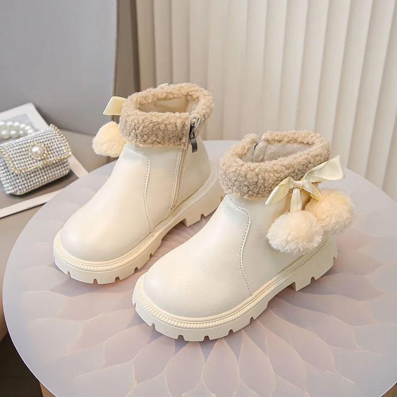 

Winter New Girls Fashion Cotton Boots 2025 Causal Children's Ankle Boots Soft Hairball Kids Princess Boots Thick Soled Round-toe