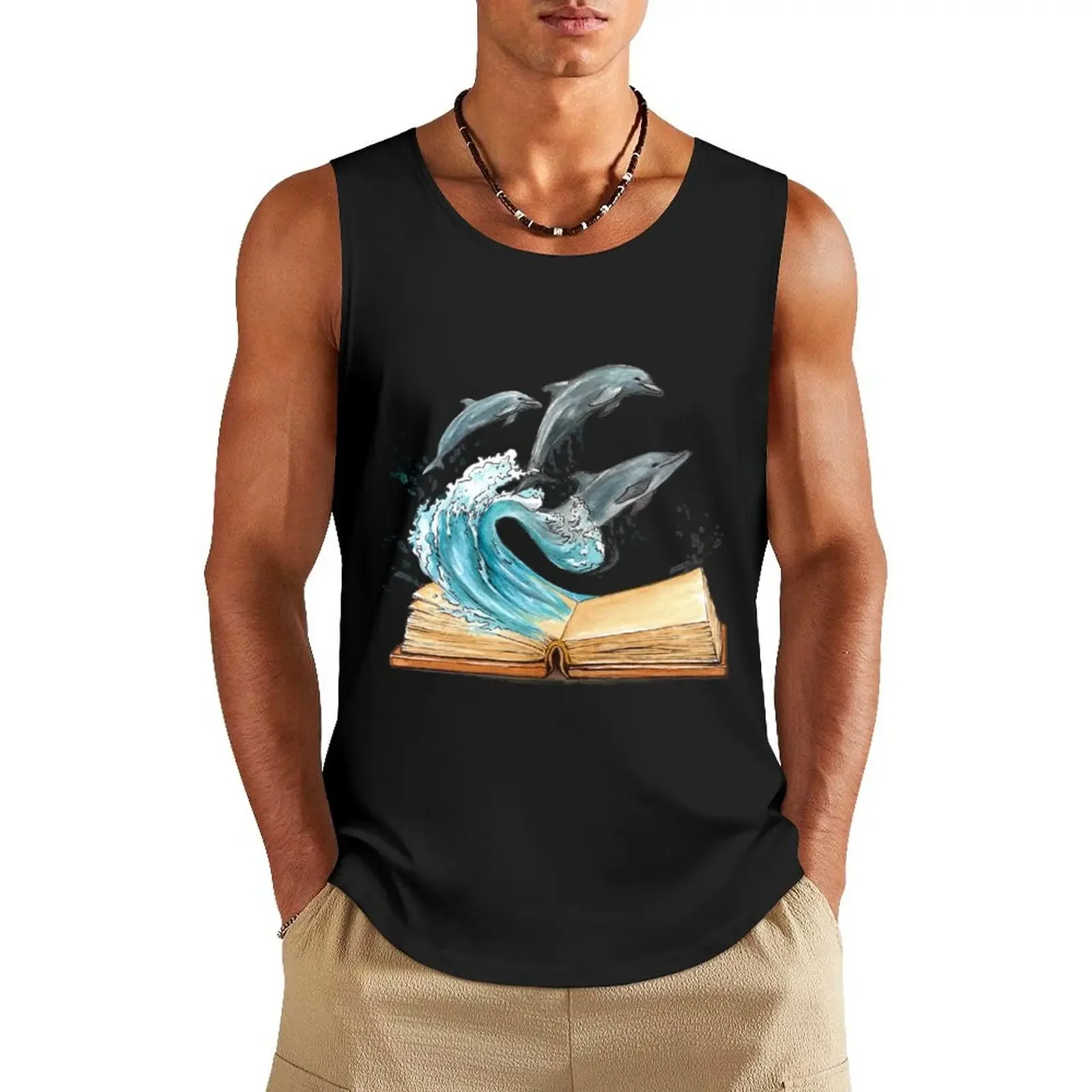 

Dolphins jumping from old book Watercolor illustration Tank Top Top summer T-shirt Men's gym